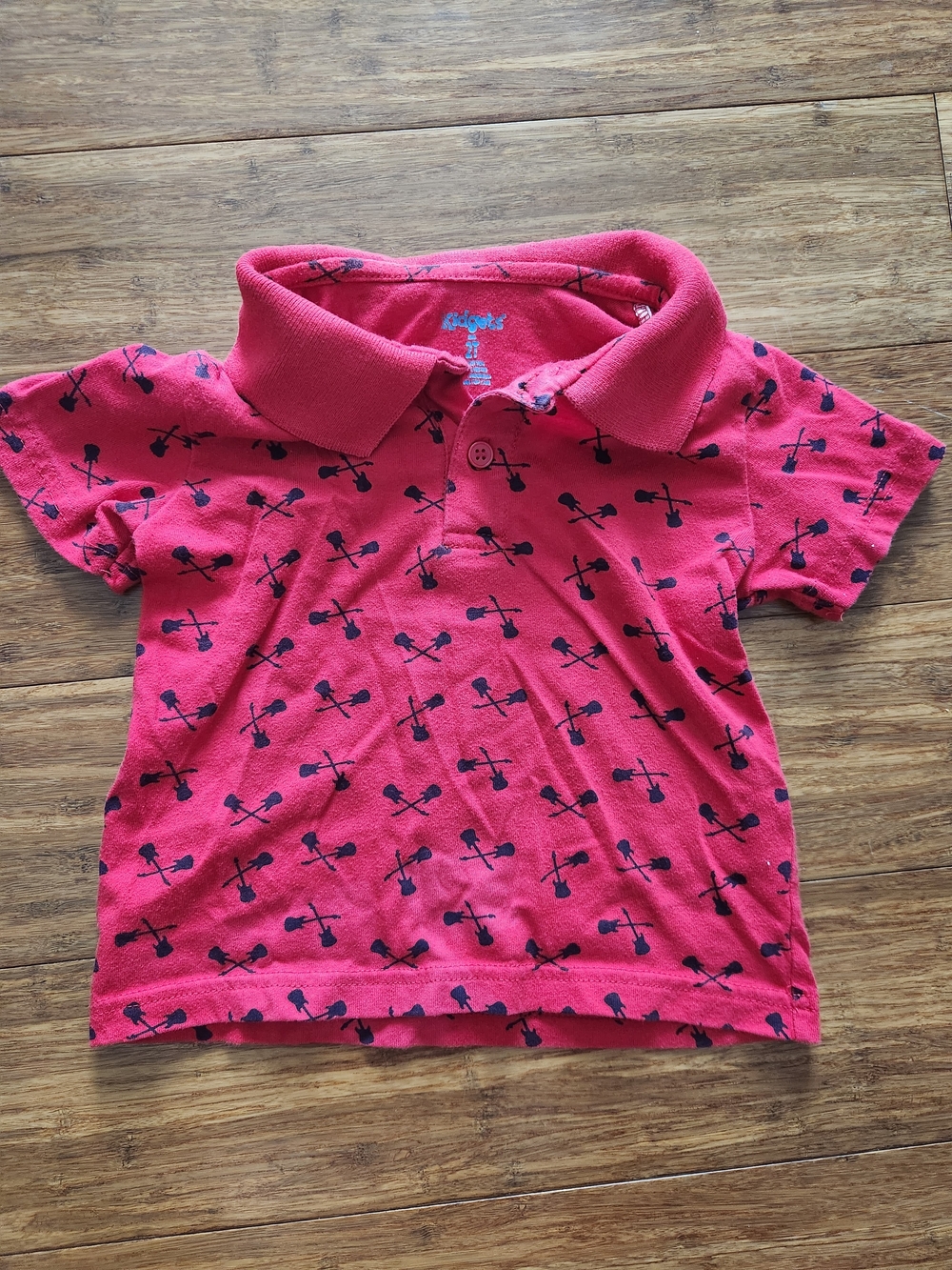 Kidgets Red Boys Red Polo Shirt with Guitar Print, 2t